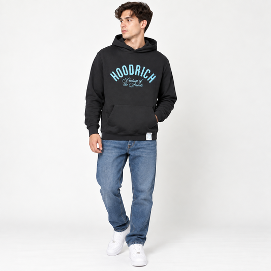 Hoodrich Black/Placid Blue OG Unite OTH Hoodie – M shown on a model.