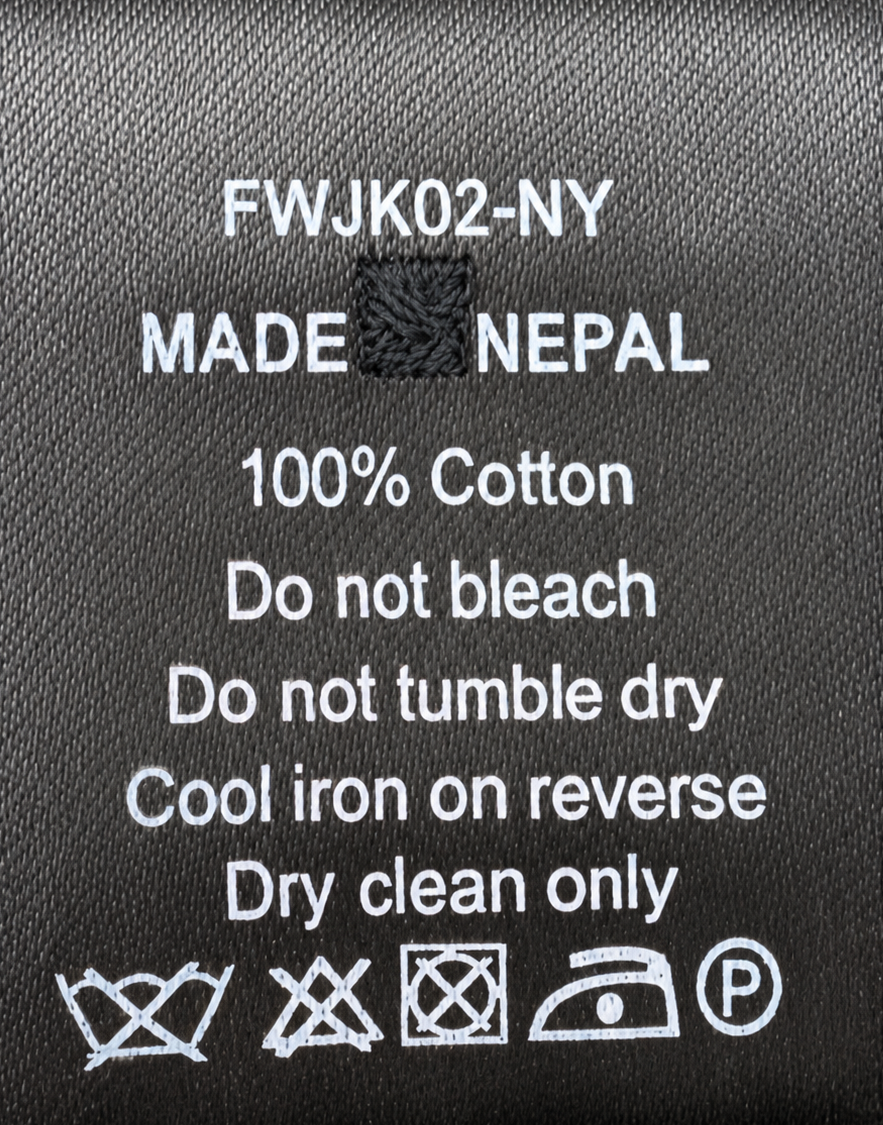 Fabric composition and care label — Farnol Navy Double-Breasted Belted Trench Coat – TN 46.