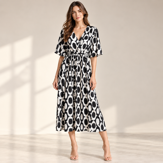 Biancoghiaccio Trieste Black & White Abstract-Print Midi Dress – IT 46 — photo 1