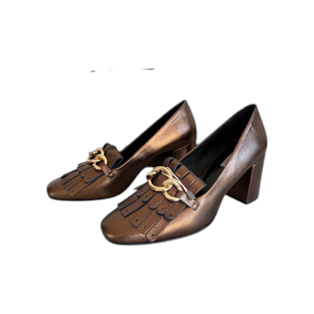 Side view — Tosca Blu Antique Gold Fringed Chain-Detail Block-Heeled Shoes – EU 40.