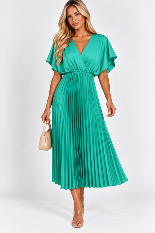 Eternal Turquoise Pleated Satin Midi Dress – M shown on a model.