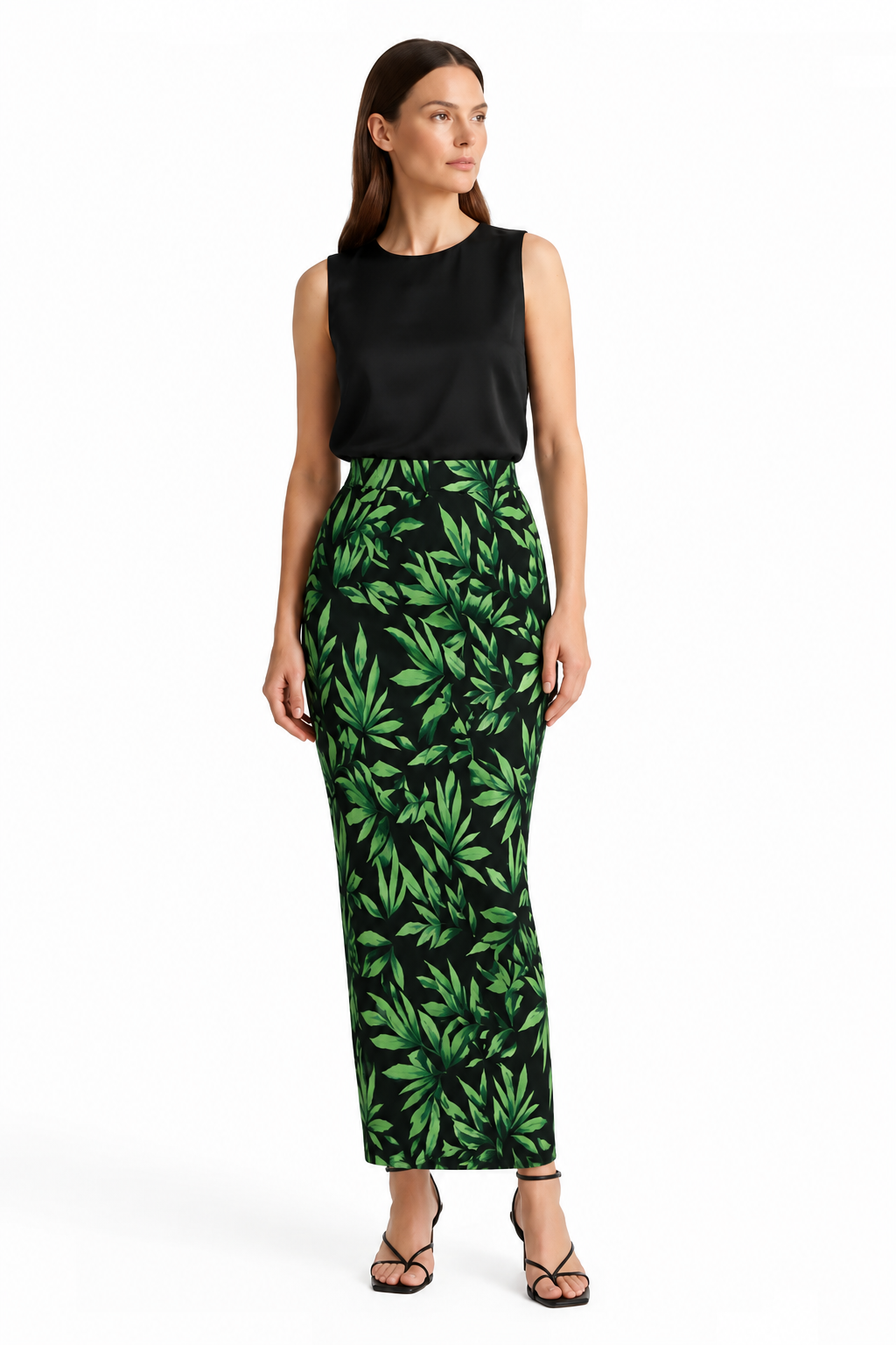 Dancing Leopard Sophie Tropic Green & Black Long Fitted Skirt – UK 12 shown on a model.