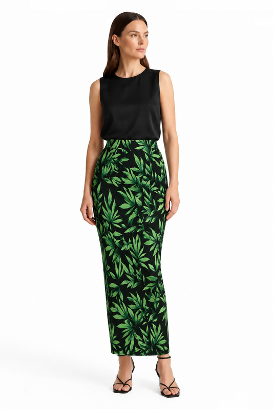 Dancing Leopard Sophie Tropic Green & Black Long Fitted Skirt – UK 12 shown on a model.