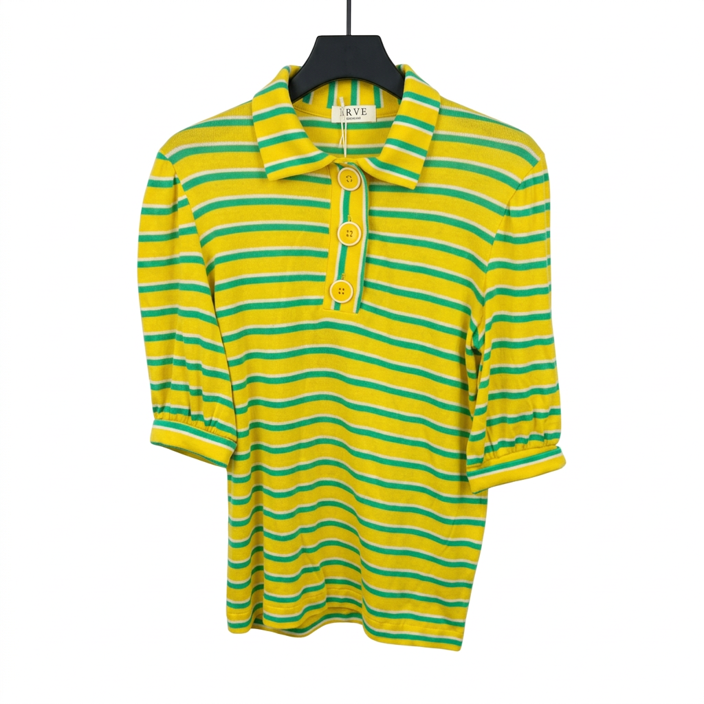 Front view — SIYU Yellow, Green and Cream Striped Knitted Polo Shirt – UK 10.