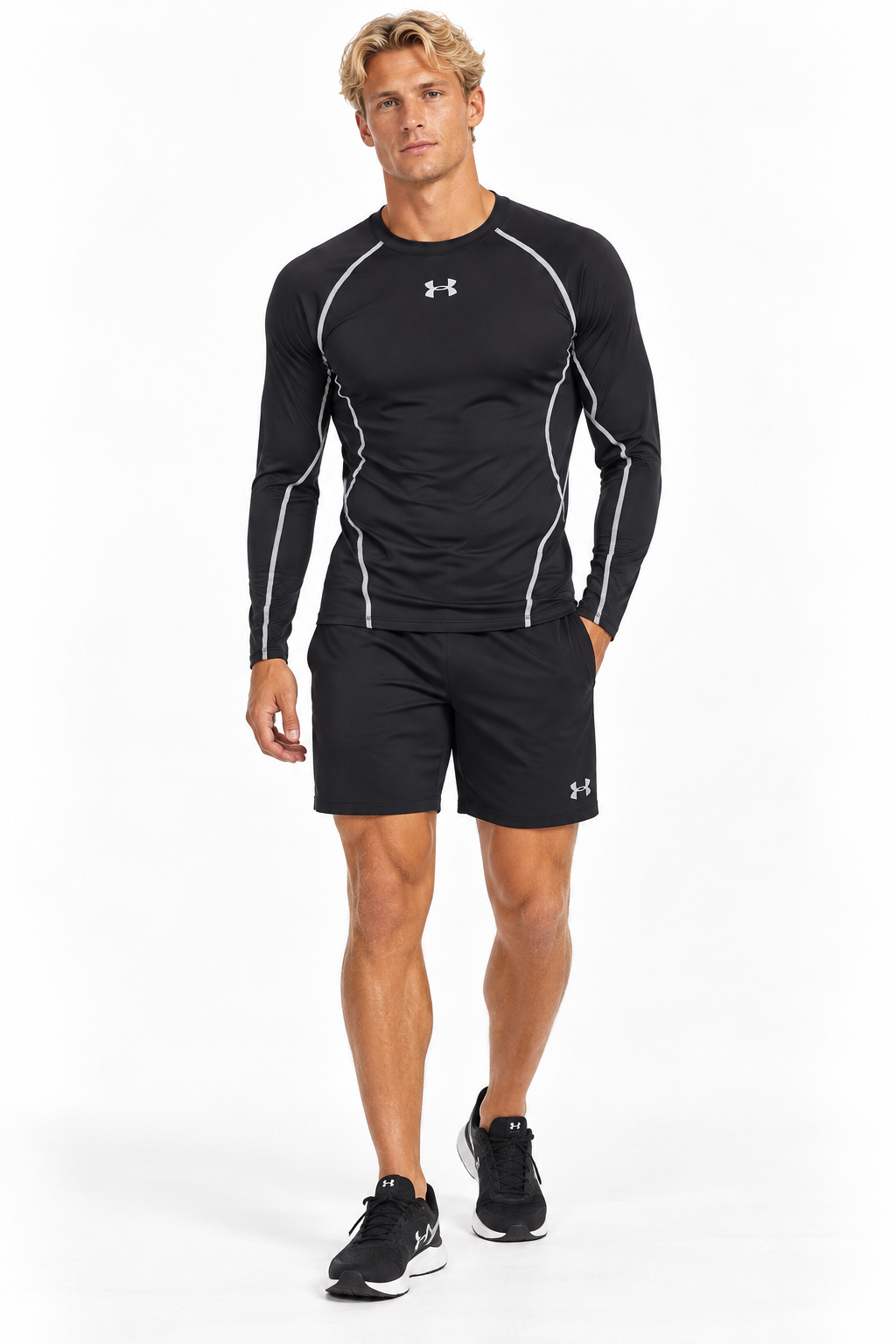 Under Armour Black Men’s HeatGear Long-Sleeve Compression Top – M / L / XL shown on a model.