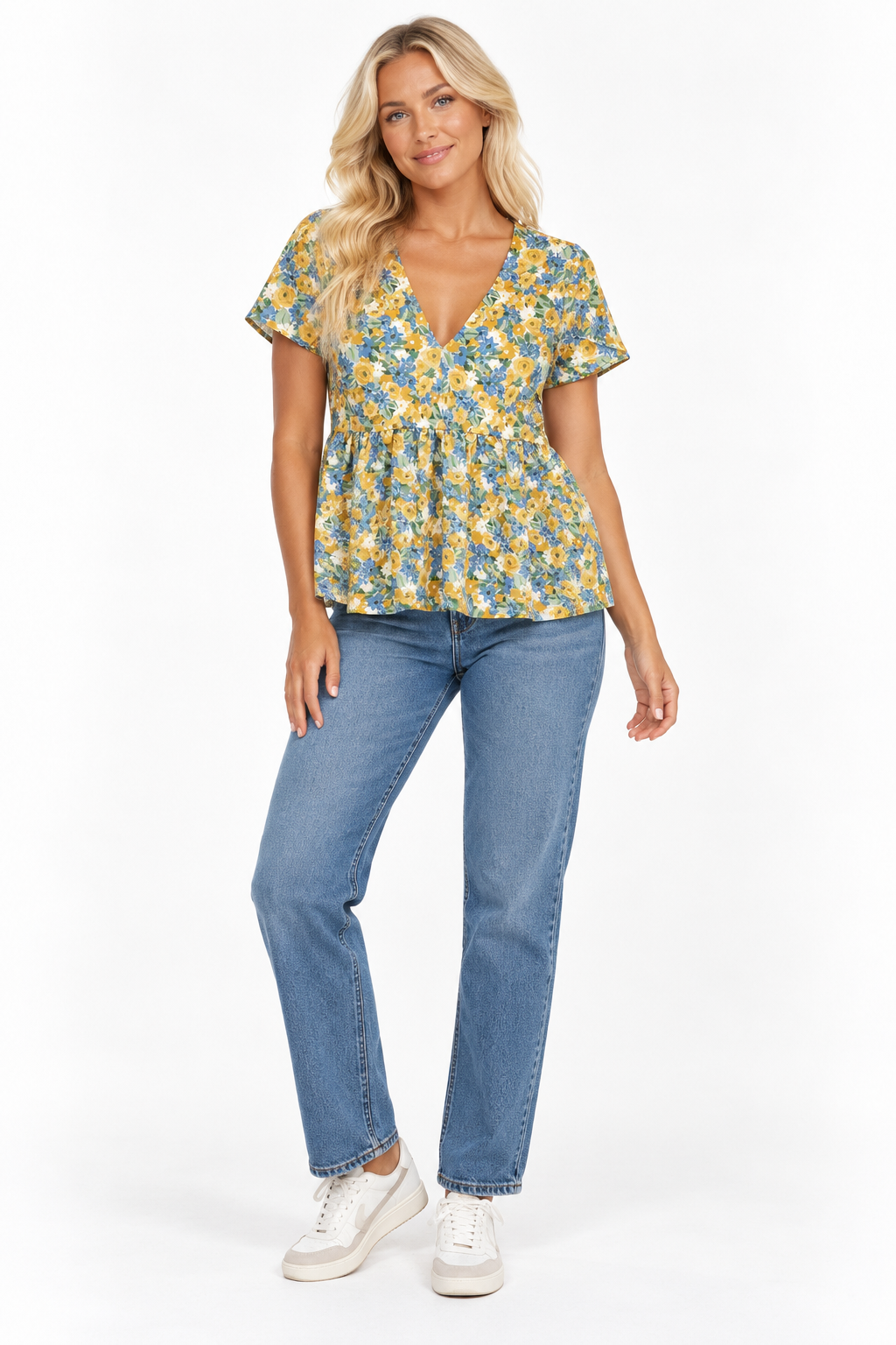 In The Style x Stacey Solomon Blue & Yellow Floral Smock Top – UK 12 shown on a model.