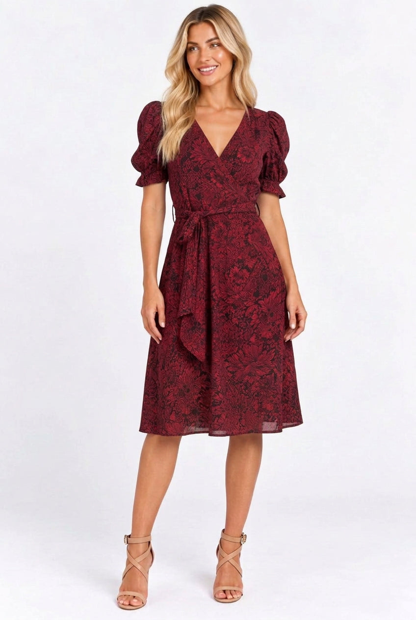 Next Petite Burgundy & Black Floral Wrap Dress — UK 14P