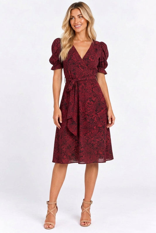 Next Petite Burgundy & Black Floral Wrap Dress — UK 14P
