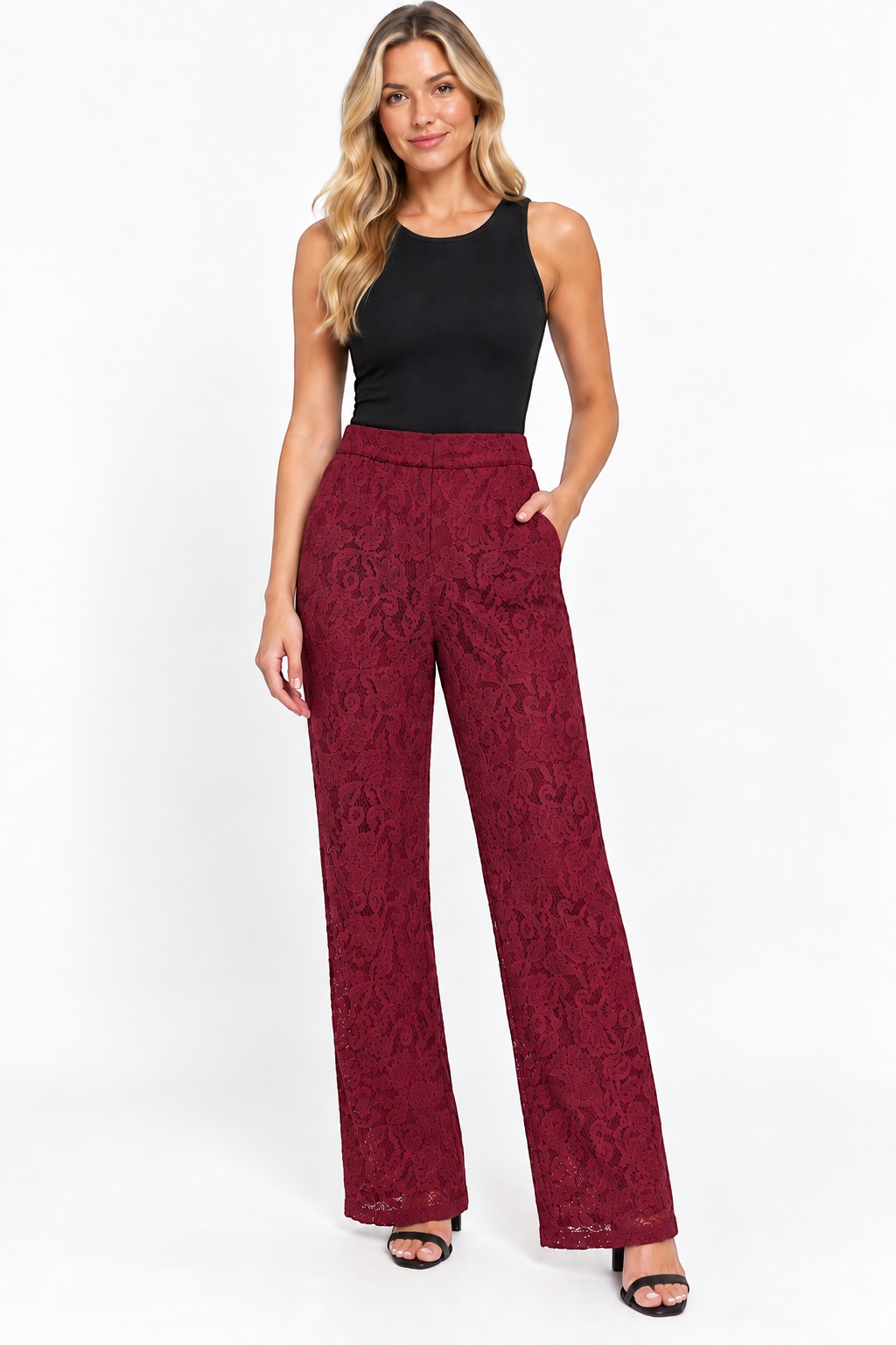 French Connection Burgundy Red Asura Lace Flared Trousers – UK 10 shown on a model.