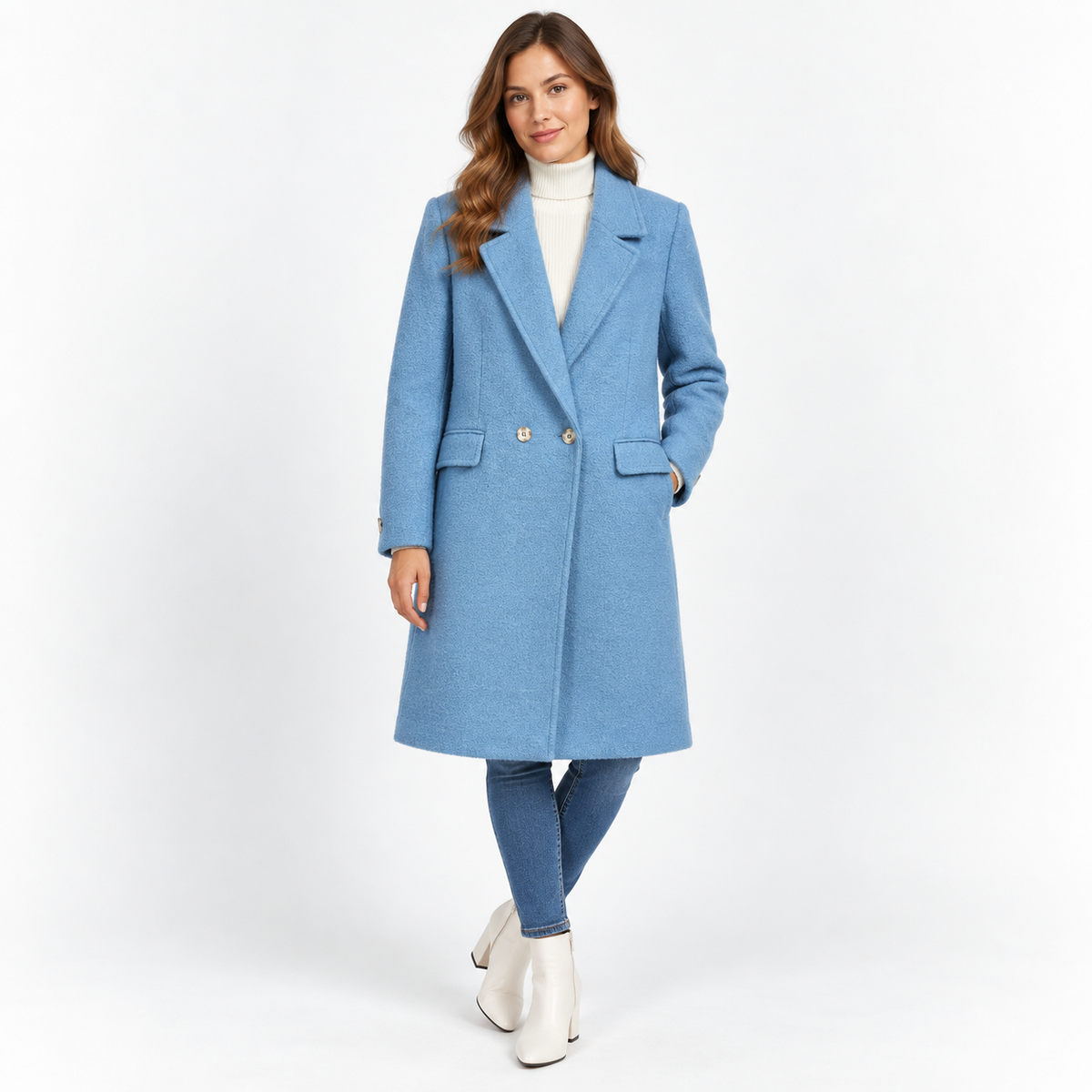 Phase Eight Blue Wool Blend Tailored Coat - UK 16 shown on a model.