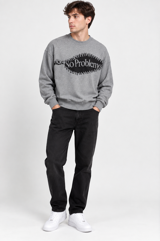 No Problemo Grey Crew Neck Sweatshirt – S shown on a model.