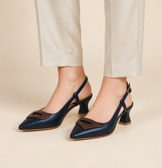 FRAU Verona dark navy slingbacks with brown geometric detail and low sculpted block heels