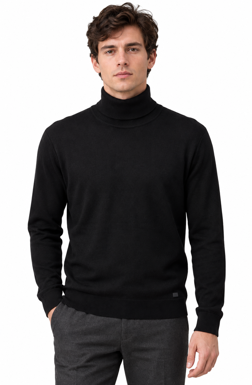 French Connection black turtleneck jumper on a male model — styling illustration