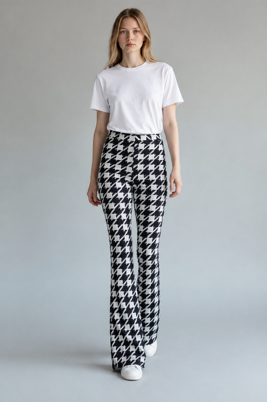 Giuliette Brown Navy and White Houndstooth Super-Flare Trousers – Labelled Size 1 — photo 1