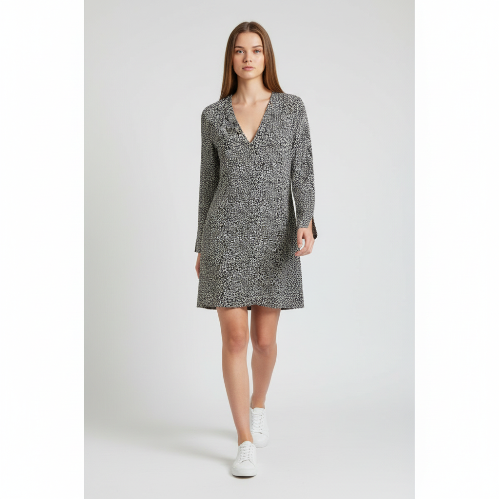 Messagerie Black & White Abstract Print Long Sleeve V-Neck Dress - M – product image 1