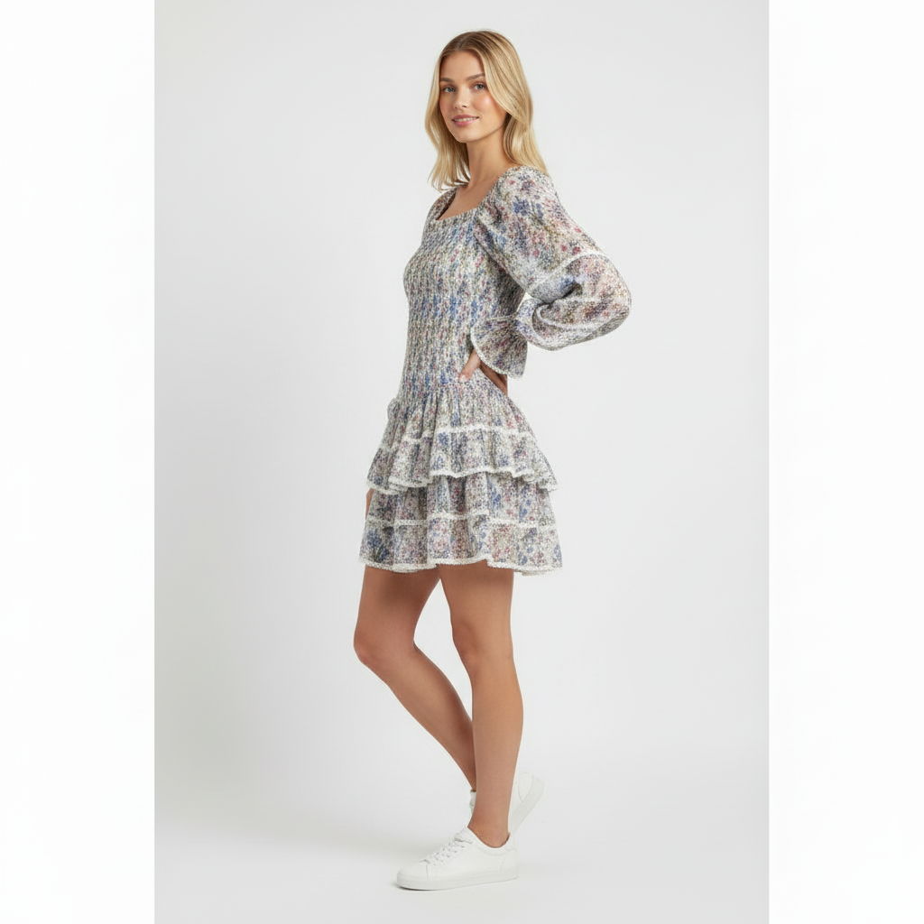 NJ Couture Multicolour Floral Shirred Tiered Mini Dress – S