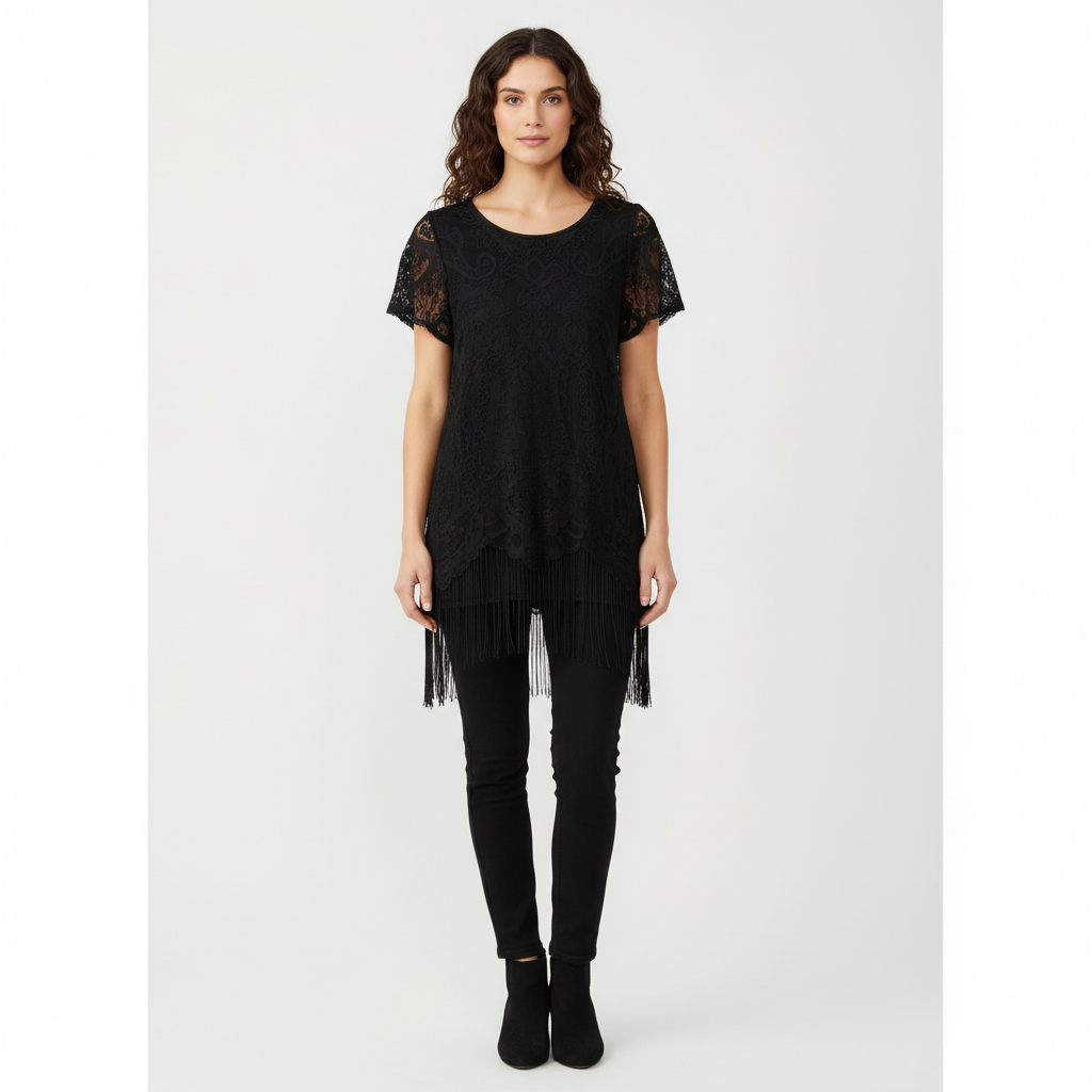 RUE BISQUIT Black Lace Fringe Tunic Top IT 40 — photo 2