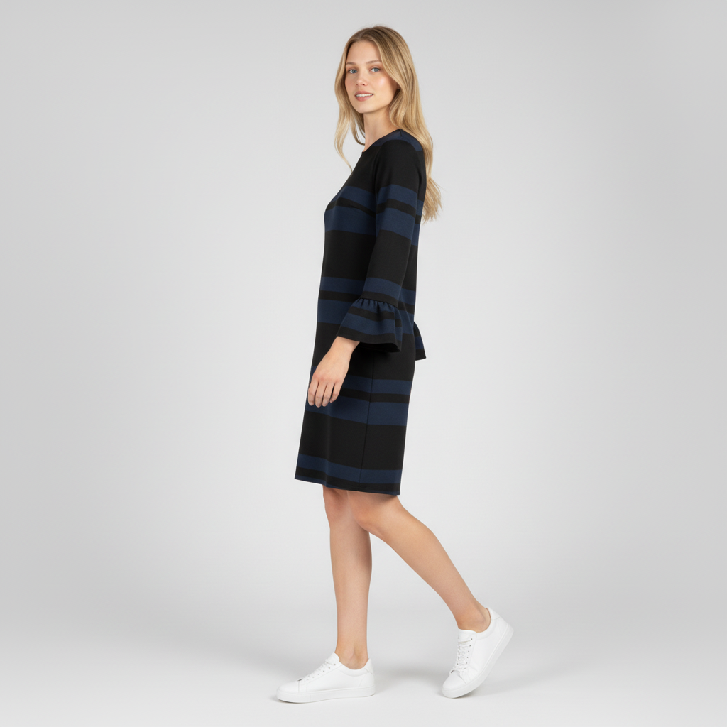Shown on a model — Camicetta Snob Black & Navy Striped Flared-Cuff Dress – M.