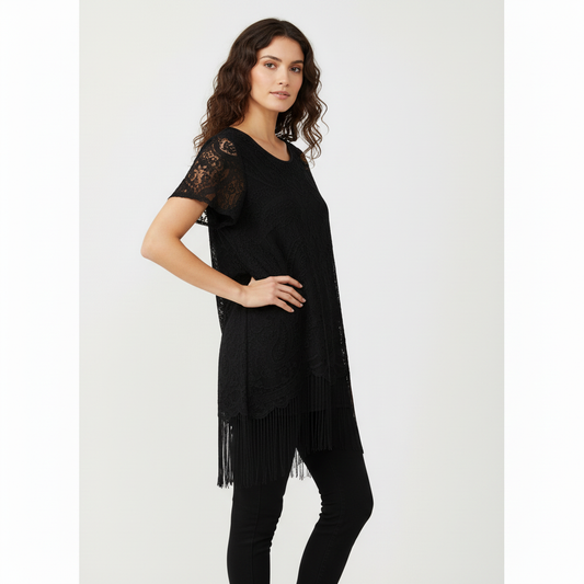 RUE BISQUIT Black Lace Fringe Tunic Top IT 40 — photo 1