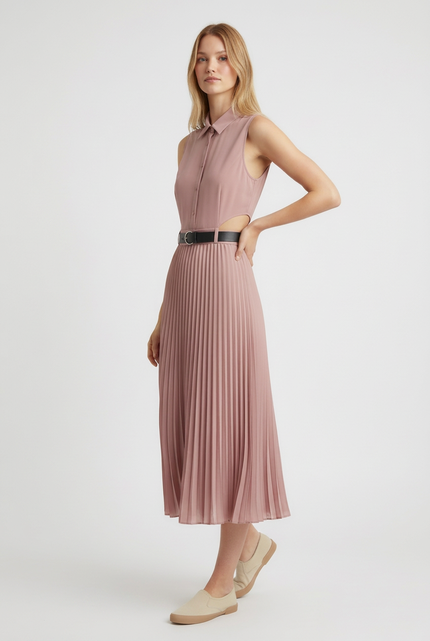 Vicolo dusty pink belted pleated dress