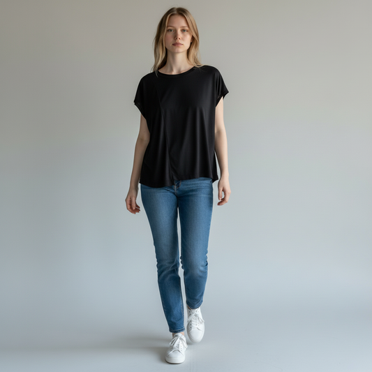 New York Industrie Black Asymmetric Draped Jersey Top – UK 14 – product image 1 of 10
