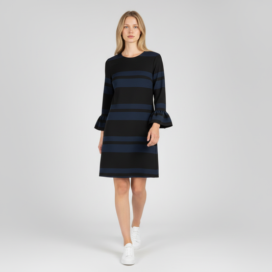 Camicetta Snob Black & Navy Striped Flared-Cuff Dress – M shown on a model.