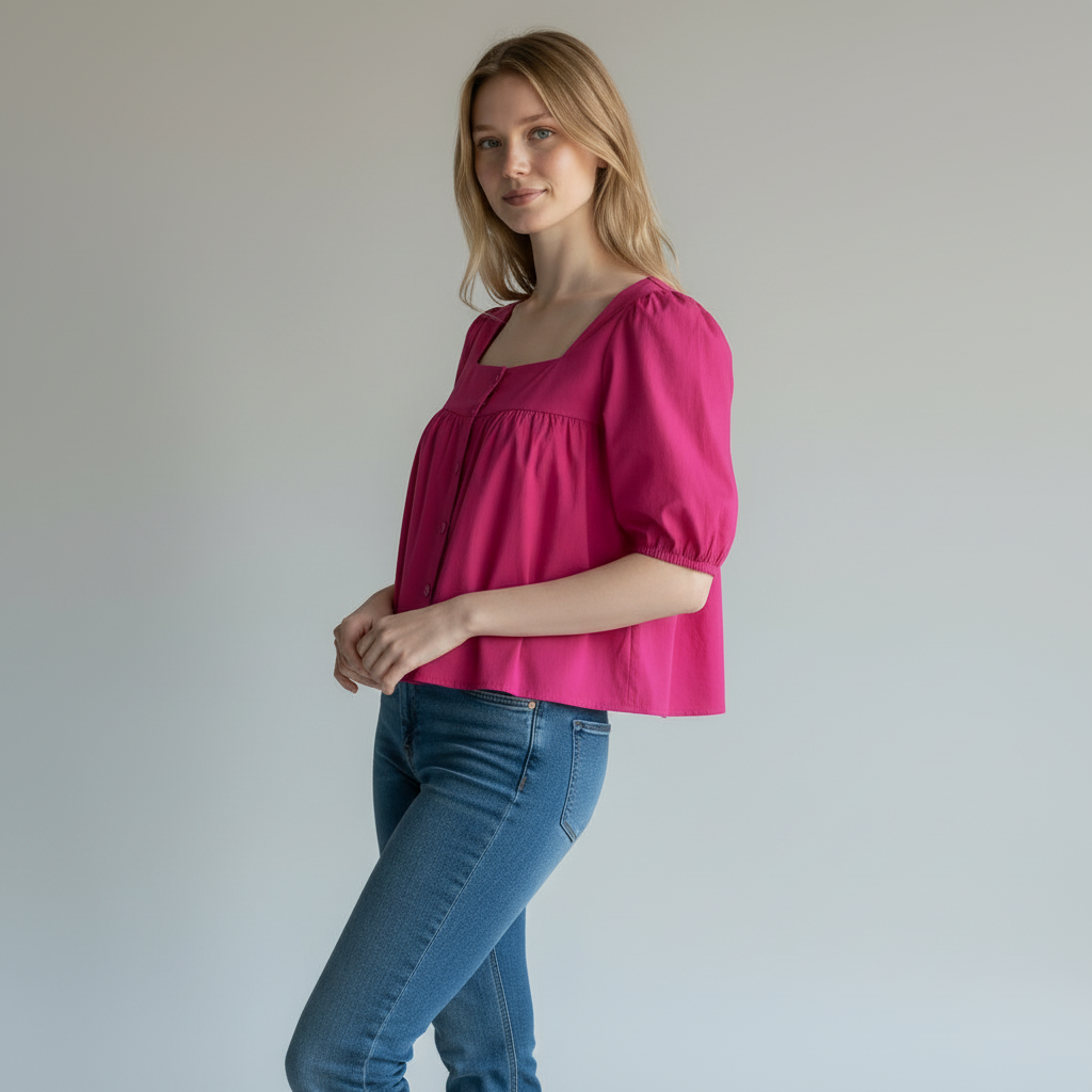 Berna Fuchsia Pink Cotton-Blend Puff Sleeve Blouse – One Size – product image 2 of 8