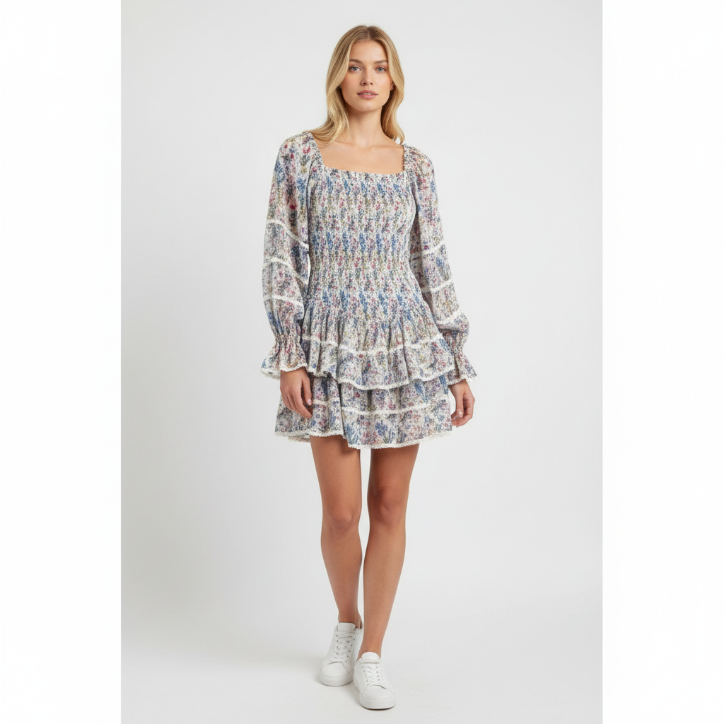 NJ Couture Multicolour Floral Shirred Tiered Mini Dress – S