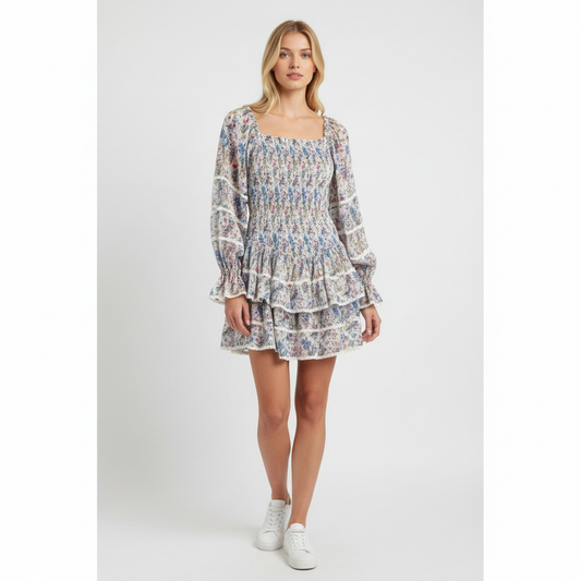 NJ Couture Multicolour Floral Shirred Tiered Mini Dress – S