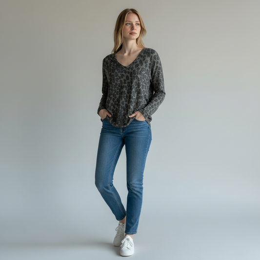 Majestic Filatures Khaki Leopard-Print Cashmere-Silk Long-Sleeve T-Shirt – Size 1