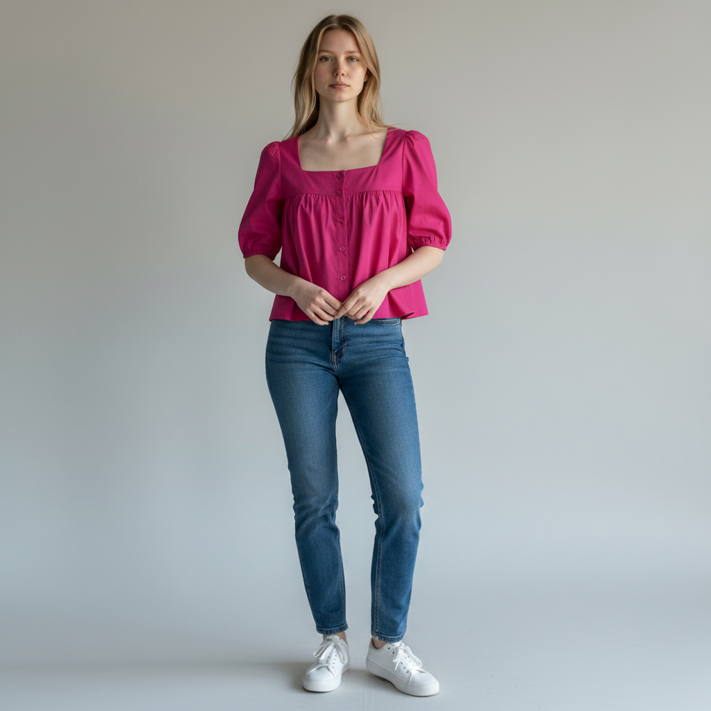 Berna Fuchsia Pink Cotton-Blend Puff Sleeve Blouse – One Size – product image 1 of 8