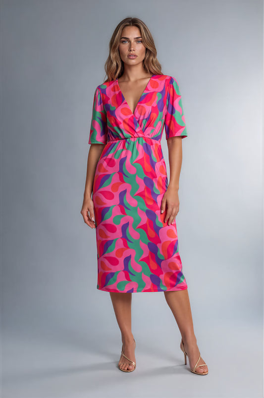 New Collection Pink Green Abstract Print Midi Dress – L