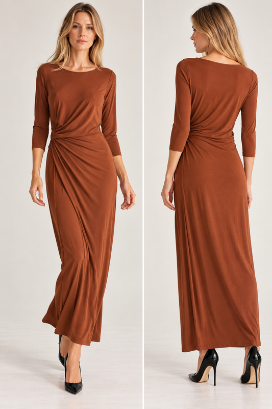 NIU Ambra asymmetric draped dress styled with black high heels