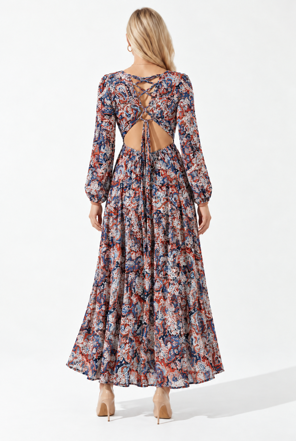 Back view on a model — NJ Couture multicolour cut-out dress, size S.