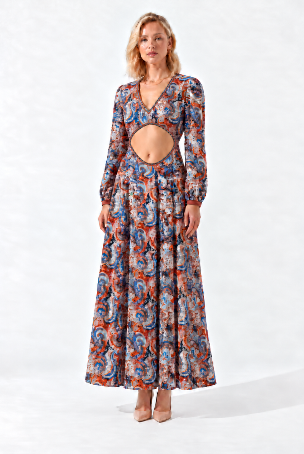 Front view on a model — NJ Couture multicolour cut-out dress, size S.