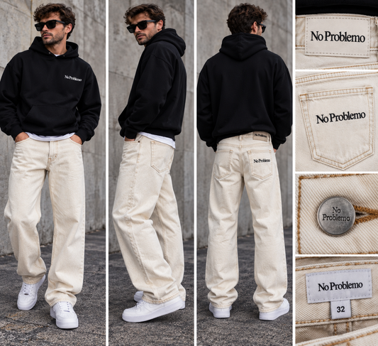 No Problemo ecru men's straight leg streetwear jeans