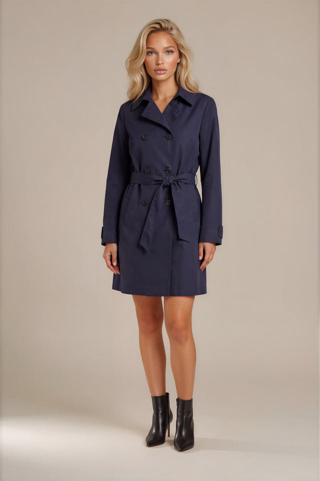 Farnol Navy Double-Breasted Belted Trench Coat – TN 46 shown on a model.
