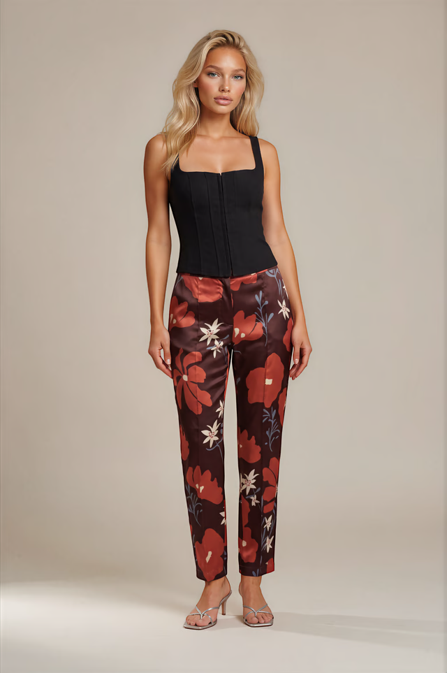 SIYU Brown Floral Print Silk Blend Trousers – UK 10 shown on a model.