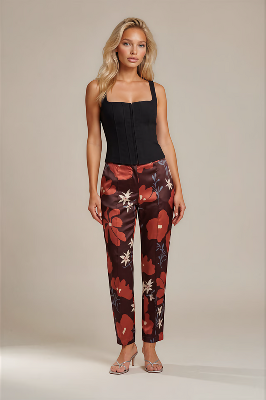 SIYU Brown Floral Print Silk Blend Trousers – UK 10 shown on a model.